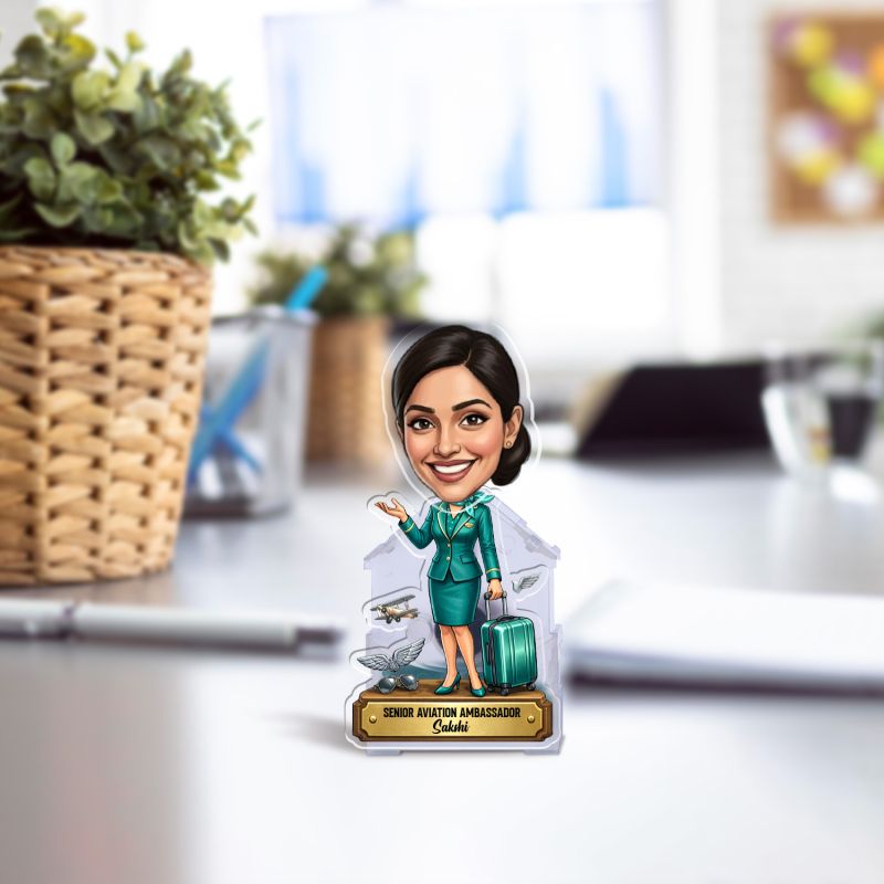 Personalized Air Hostess Bobblehead Caricature Standee with Custom with Name Gift for Flight Attendants & Cabin Crew Car Dashboard Decor Solar Powered Moving Head